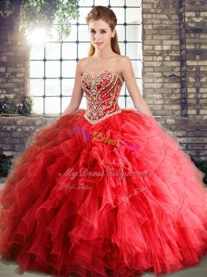 Floor Length Lace Up Quince Ball Gowns Red for Military Ball and Sweet 16 and Quinceanera with Beading and Ruffles