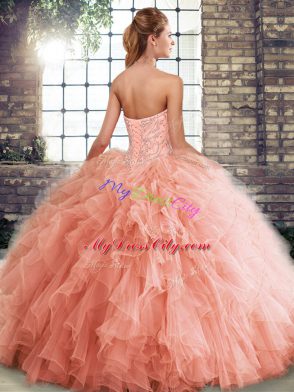 Floor Length Lace Up Quince Ball Gowns Red for Military Ball and Sweet 16 and Quinceanera with Beading and Ruffles