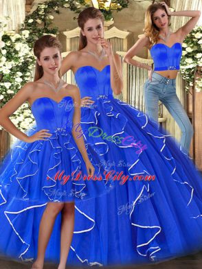 Floor Length Lace Up Ball Gown Prom Dress Blue for Sweet 16 and Quinceanera with Ruffles