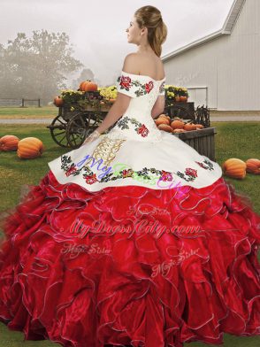 White And Red Quince Ball Gowns Military Ball and Sweet 16 and Quinceanera with Embroidery and Ruffles Off The Shoulder Sleeveless Lace Up