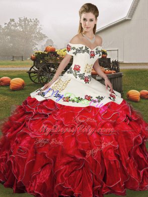 White And Red Quince Ball Gowns Military Ball and Sweet 16 and Quinceanera with Embroidery and Ruffles Off The Shoulder Sleeveless Lace Up