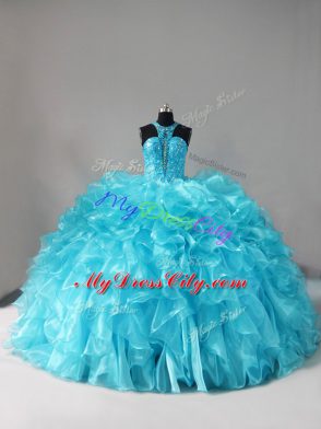 Best Lace Up Sweet 16 Quinceanera Dress Aqua Blue for Sweet 16 and Quinceanera with Beading and Ruffles Brush Train
