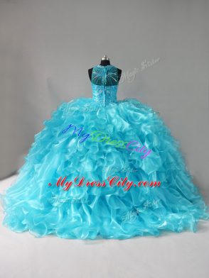 Best Lace Up Sweet 16 Quinceanera Dress Aqua Blue for Sweet 16 and Quinceanera with Beading and Ruffles Brush Train