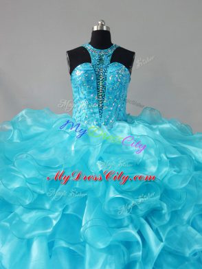 Best Lace Up Sweet 16 Quinceanera Dress Aqua Blue for Sweet 16 and Quinceanera with Beading and Ruffles Brush Train
