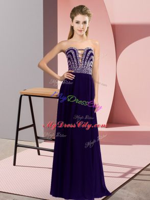 Nice Floor Length Purple Evening Outfits Chiffon Sleeveless Beading