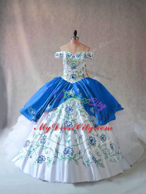 Modest Blue And White Ball Gowns Embroidery and Ruffles 15 Quinceanera Dress Lace Up Organza Sleeveless Floor Length
