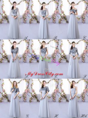 Hot Sale Grey Sleeveless Floor Length Appliques Lace Up Dama Dress for Quinceanera