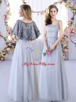 Hot Sale Grey Sleeveless Floor Length Appliques Lace Up Dama Dress for Quinceanera