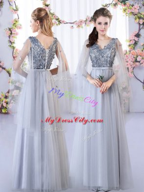 Hot Sale Grey Sleeveless Floor Length Appliques Lace Up Dama Dress for Quinceanera