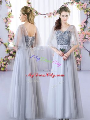 Hot Sale Grey Sleeveless Floor Length Appliques Lace Up Dama Dress for Quinceanera