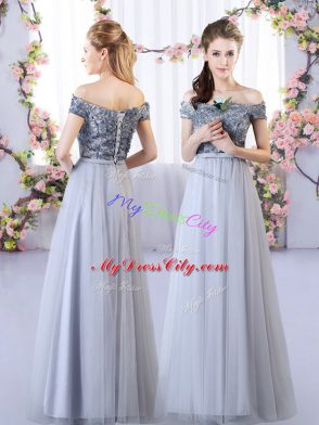 Hot Sale Grey Sleeveless Floor Length Appliques Lace Up Dama Dress for Quinceanera