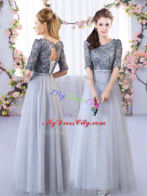 Hot Sale Grey Sleeveless Floor Length Appliques Lace Up Dama Dress for Quinceanera