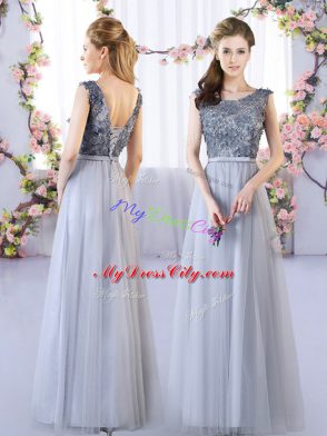 Hot Sale Grey Sleeveless Floor Length Appliques Lace Up Dama Dress for Quinceanera