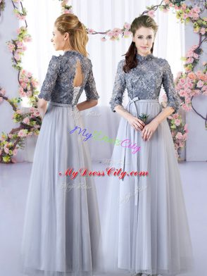 Hot Sale Grey Sleeveless Floor Length Appliques Lace Up Dama Dress for Quinceanera