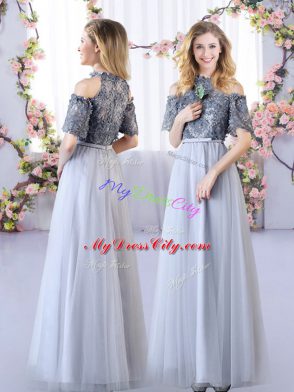 Hot Sale Grey Sleeveless Floor Length Appliques Lace Up Dama Dress for Quinceanera