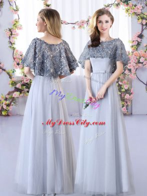 Hot Sale Grey Sleeveless Floor Length Appliques Lace Up Dama Dress for Quinceanera