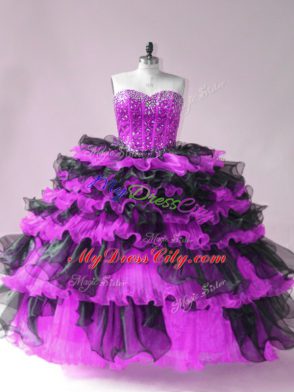 Beading and Ruffled Layers Vestidos de Quinceanera Black And Purple Lace Up Sleeveless Floor Length