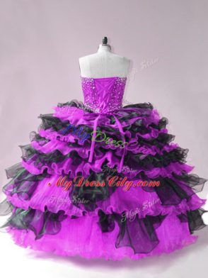 Beading and Ruffled Layers Vestidos de Quinceanera Black And Purple Lace Up Sleeveless Floor Length