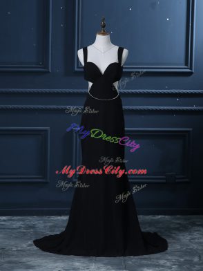 Black Prom Evening Gown Chiffon Brush Train Sleeveless Beading