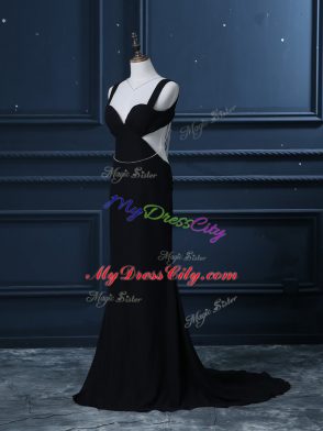 Black Prom Evening Gown Chiffon Brush Train Sleeveless Beading