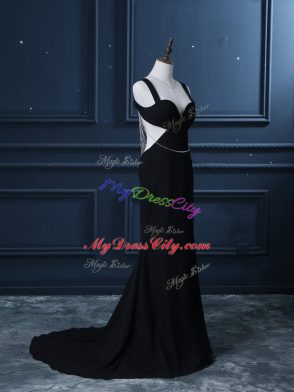 Black Prom Evening Gown Chiffon Brush Train Sleeveless Beading