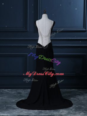 Black Prom Evening Gown Chiffon Brush Train Sleeveless Beading