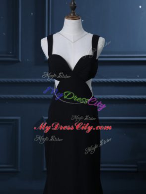 Black Prom Evening Gown Chiffon Brush Train Sleeveless Beading