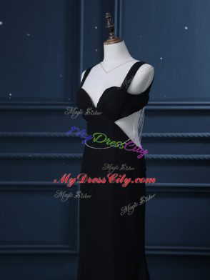 Black Prom Evening Gown Chiffon Brush Train Sleeveless Beading