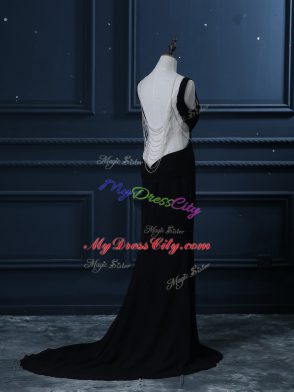 Black Prom Evening Gown Chiffon Brush Train Sleeveless Beading