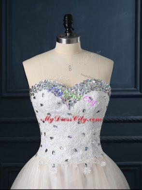 Sleeveless Lace Up Mini Length Beading and Lace Wedding Dress