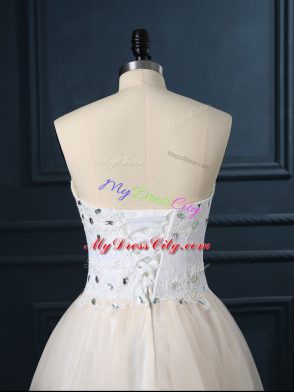 Sleeveless Lace Up Mini Length Beading and Lace Wedding Dress