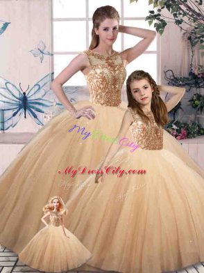 Gold Ball Gowns Beading Sweet 16 Dresses Lace Up Tulle Sleeveless Floor Length