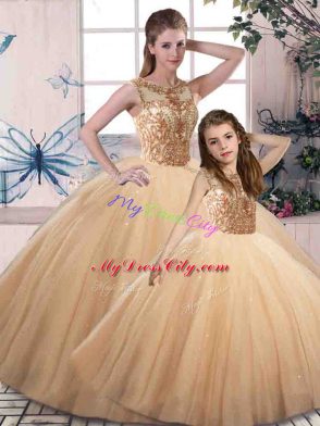 Gold Ball Gowns Beading Sweet 16 Dresses Lace Up Tulle Sleeveless Floor Length