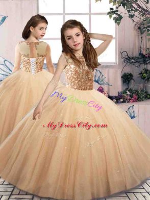 Gold Ball Gowns Beading Sweet 16 Dresses Lace Up Tulle Sleeveless Floor Length