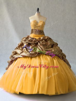 Nice Gold V-neck Neckline Beading and Pick Ups Quinceanera Dress Sleeveless Lace Up