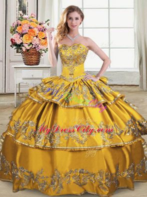 Gold Sleeveless Embroidery and Ruffled Layers Floor Length Quince Ball Gowns