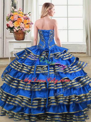 Gold Sleeveless Embroidery and Ruffled Layers Floor Length Quince Ball Gowns