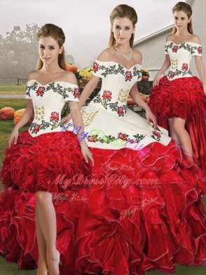 Off The Shoulder Sleeveless Organza Sweet 16 Dresses Embroidery and Ruffles Lace Up