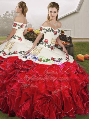 Off The Shoulder Sleeveless Organza Sweet 16 Dresses Embroidery and Ruffles Lace Up