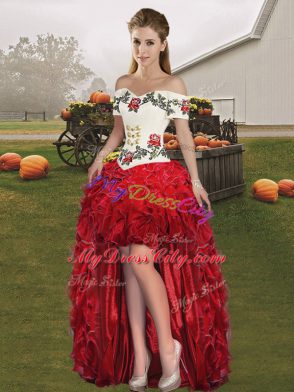 Off The Shoulder Sleeveless Organza Sweet 16 Dresses Embroidery and Ruffles Lace Up