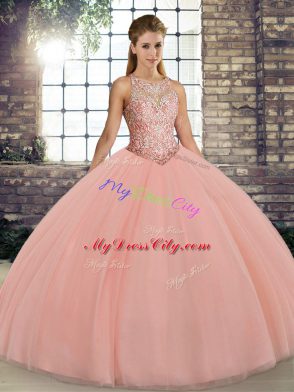 Pretty Ball Gowns Vestidos de Quinceanera Peach Scoop Tulle Sleeveless Floor Length Lace Up