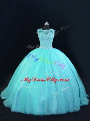 Pretty Floor Length Lace Up Ball Gown Prom Dress Aqua Blue for Sweet 16 and Quinceanera with Beading and Lace