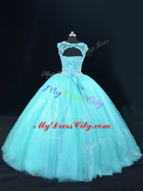 Pretty Floor Length Lace Up Ball Gown Prom Dress Aqua Blue for Sweet 16 and Quinceanera with Beading and Lace