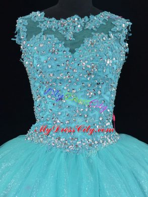 Pretty Floor Length Lace Up Ball Gown Prom Dress Aqua Blue for Sweet 16 and Quinceanera with Beading and Lace