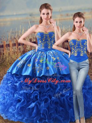 Superior Royal Blue Fabric With Rolling Flowers Lace Up Sweet 16 Quinceanera Dress Sleeveless Brush Train Embroidery and Ruffles