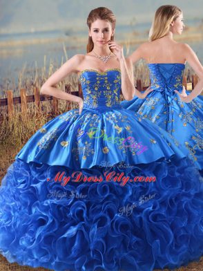 Superior Royal Blue Fabric With Rolling Flowers Lace Up Sweet 16 Quinceanera Dress Sleeveless Brush Train Embroidery and Ruffles