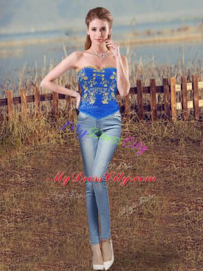 Superior Royal Blue Fabric With Rolling Flowers Lace Up Sweet 16 Quinceanera Dress Sleeveless Brush Train Embroidery and Ruffles