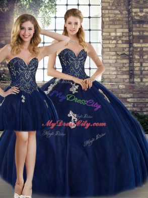 Navy Blue Sweet 16 Quinceanera Dress Military Ball and Sweet 16 and Quinceanera with Beading and Appliques Sweetheart Sleeveless Lace Up