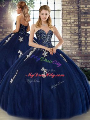 Navy Blue Sweet 16 Quinceanera Dress Military Ball and Sweet 16 and Quinceanera with Beading and Appliques Sweetheart Sleeveless Lace Up