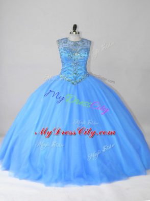 Ball Gowns Quinceanera Dresses Blue Scoop Tulle Sleeveless Floor Length Lace Up